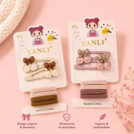 [HC50-1] Lot de Barrettes Cerise + Élastiques HC50-1